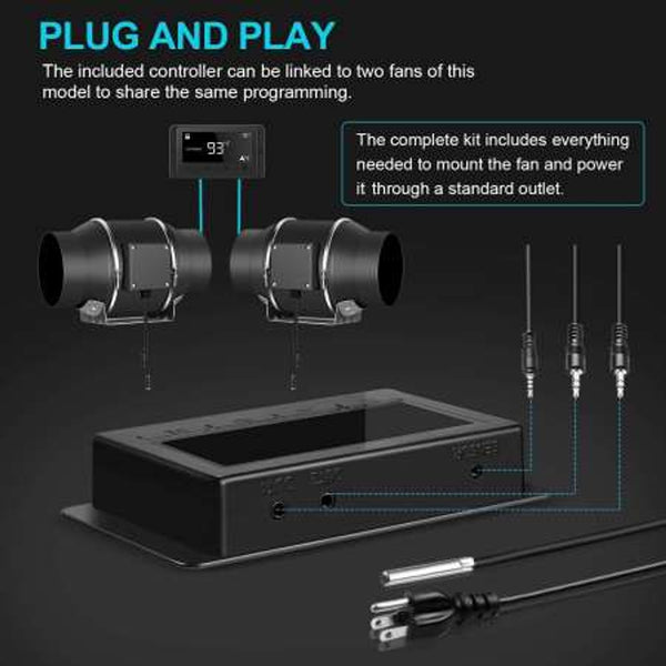 6" Gale Force Quiet Inline Duct Fan with Temperature Humidity VPD Smart Controller